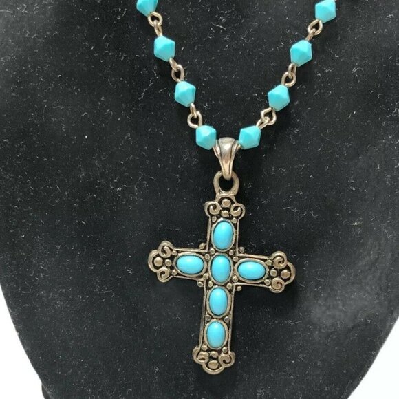 Signed Rosary Cross Catholic Necklace Christmas 15” Christian Jesus Pendant Blue - Picture 1 of 9